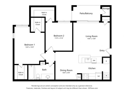 Floor plan for 2 beds, 1 bath, 1064 sqft